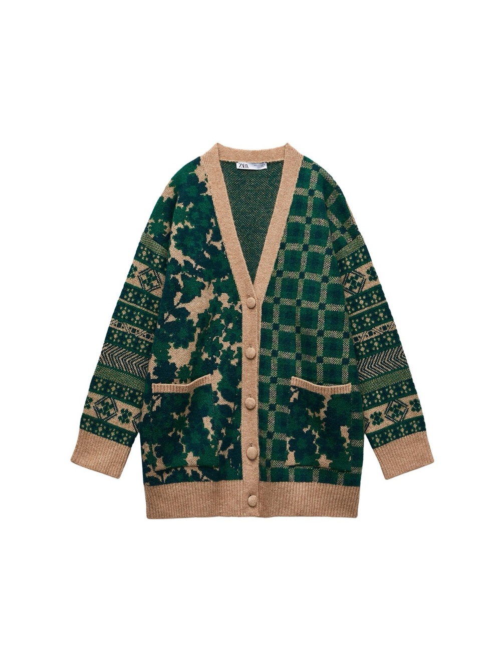 Zara Courtyard Green Patchwork Oversized Knit Cardigan Size S Jacquard Longline